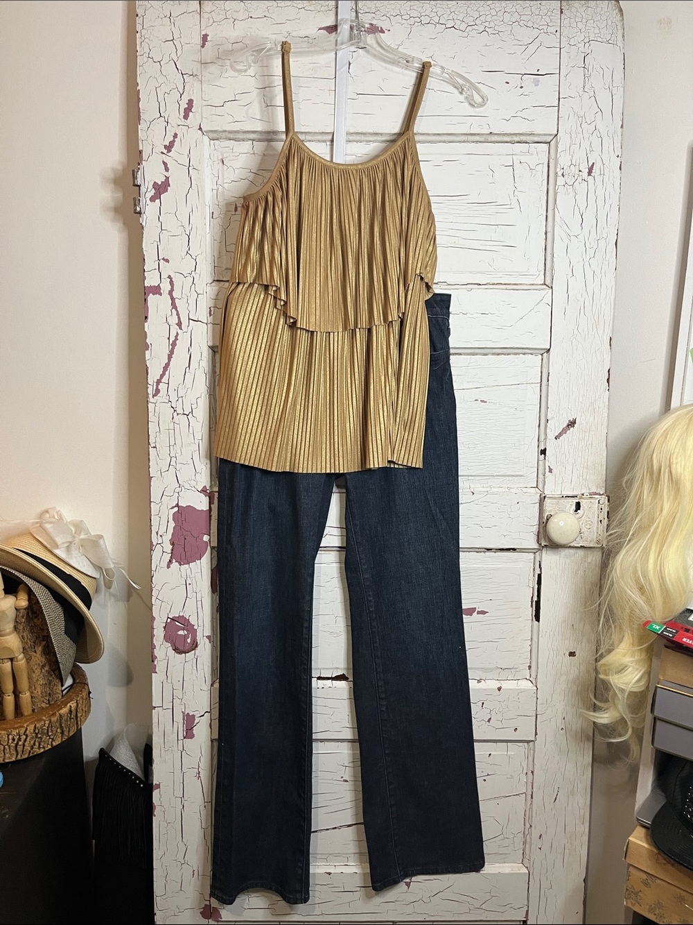 INC International Concepts Gold Pleated Layered Cami Med (shown styled w/jeans)